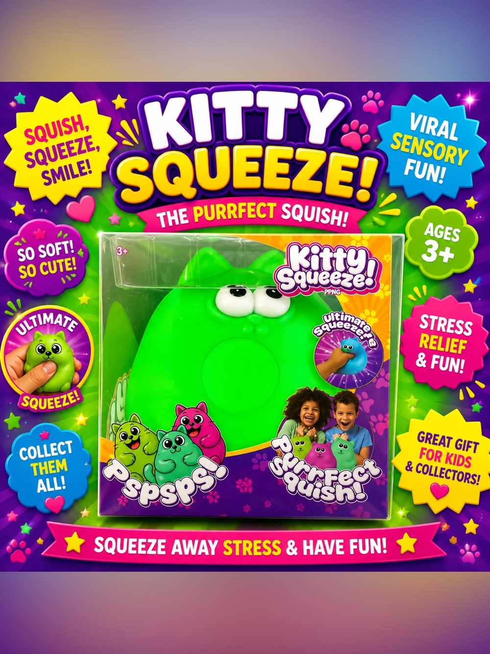 Squeeze GREEN Kitty Squeeze Plush Stress Toy